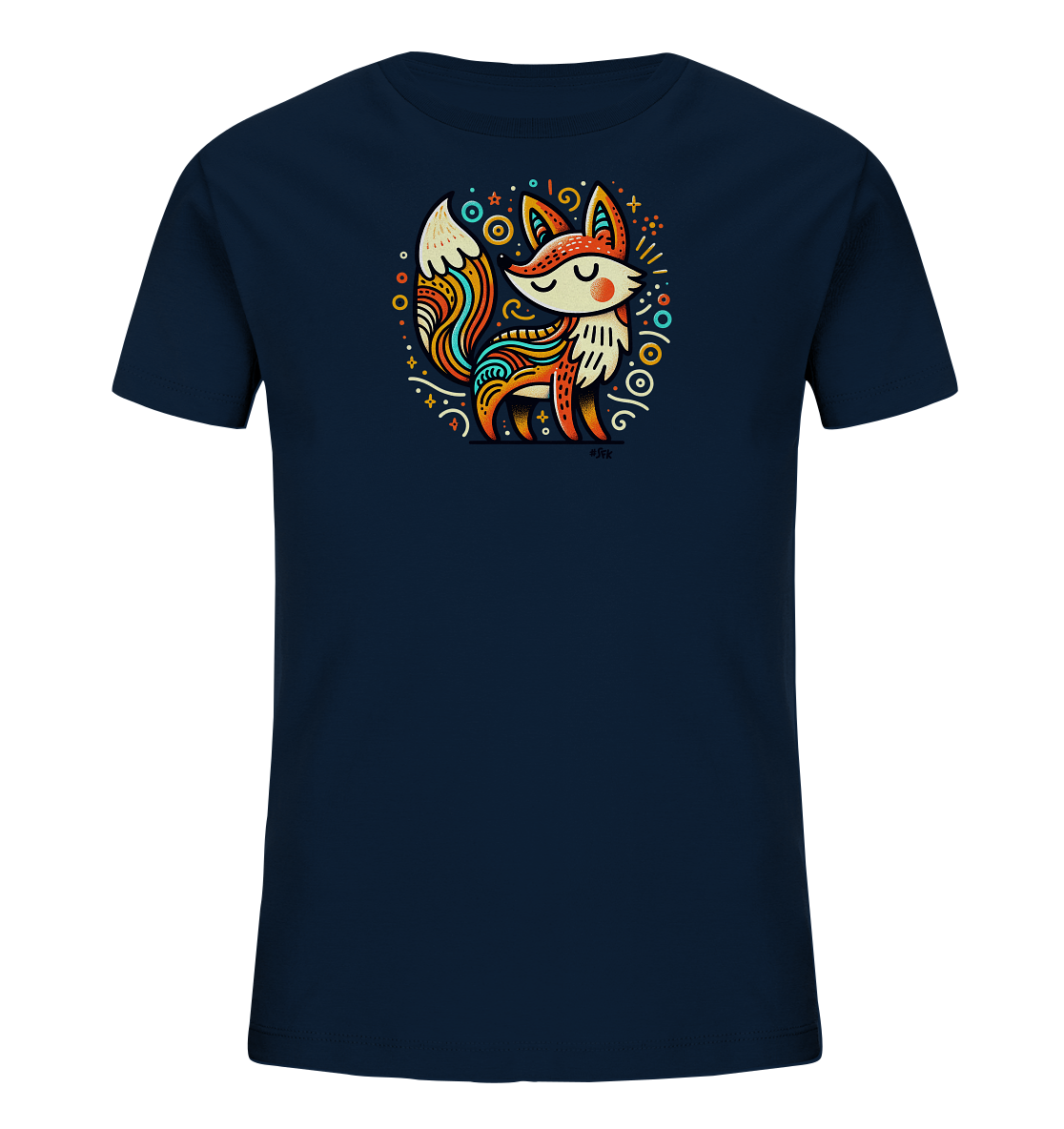 Onlineshop Shirts fuer Kinder - Das Bild zeigt ein dunkelblaues Kinder-T-Shirt. Auf der Vorderseite ist eine bunte, stilisierte Illustration eines Fuchses zu sehen. Der Fuchs ist von dekorativen Elementen wie Sternen und Kreisen umgeben. Das Design wirkt verspielt und kuenstlerisch.