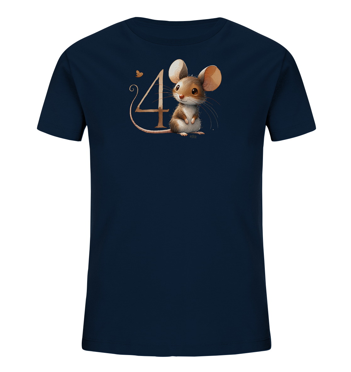 Onlineshop Shirts fuer Kinder - Dieses dunkelblaue Kinder-T-Shirt zeigt eine charmante Grafik. Eine niedliche, cartoonhafte Maus sitzt neben der grossen Zahl '4'. Oberhalb der Zahl schwebt ein kleines orangefarbenes Insekt. Das Design wirkt verspielt und ansprechend fuer Kinder.