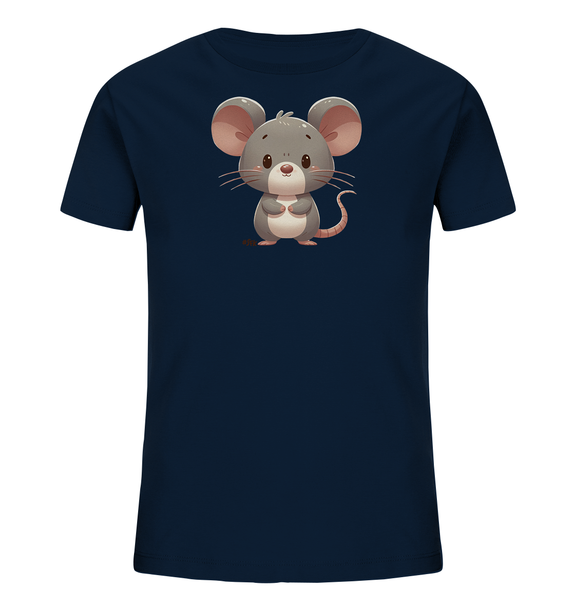 Onlineshop Shirts für Kinder - Das Bild zeigt ein dunkelblaues Kinder-T-Shirt, das frontal präsentiert wird. Auf der Vorderseite ist eine charmante, cartoonartige Illustration einer grauen Maus zu sehen. Die Maus steht aufrecht, hat große rosafarbene Ohren, eine kleine rosa Nase und hält die Pfoten vor sich. Das freundliche Design ist ideal für Kinderbekleidung und sticht gut auf dem tiefblauen Stoff hervor.