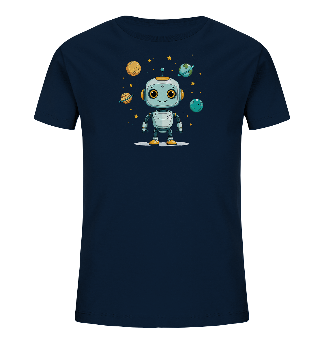 Onlineshop Shirts für Kinder - Das Bild zeigt ein dunkelblaues Kinder-T-Shirt mit einem Weltraum-Motiv auf der Vorderseite. Im Zentrum des Designs steht ein freundlich lächelnder, cartoonhafter Roboter in hellgrauer und weißer Farbgebung. Um den Roboter herum sind verschiedene Planeten in unterschiedlichen Farben und Größen sowie kleine gelbe Sterne dargestellt. Das gesamte Motiv ist spielerisch gestaltet und vermittelt eine fröhliche Weltraumatmosphäre, ideal für Kinder.