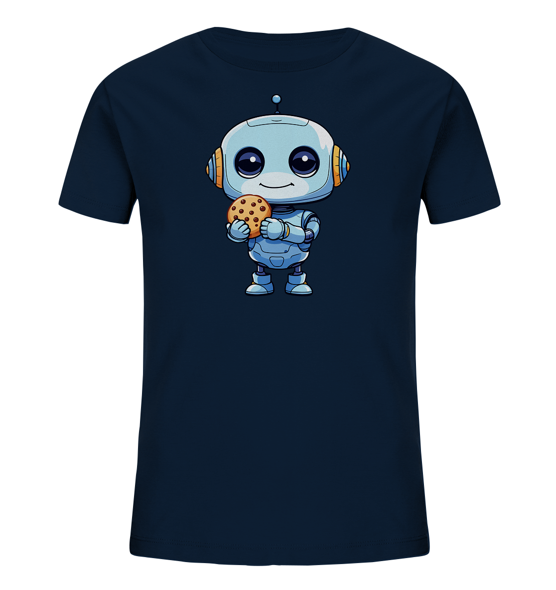 Onlineshop Shirts für Kinder - Das Bild zeigt ein dunkelblaues Kinder-T-Shirt. Auf der Vorderseite des Shirts ist eine Illustration eines niedlichen, hellblauen Cartoon-Roboters abgebildet. Der freundlich aussehende Roboter hält einen Schokoladenkeks in seinen Händen. Das Design ist detailreich im Comic-Stil gestaltet und wirkt ansprechend für Kinder.