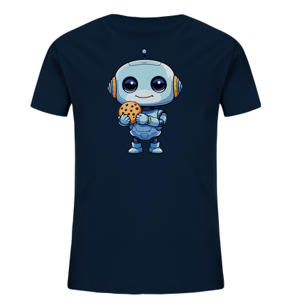 Onlineshop Shirts für Kinder - Das Bild zeigt ein dunkelblaues Kinder-T-Shirt. Auf der Vorderseite des Shirts ist eine Illustration eines niedlichen, hellblauen Cartoon-Roboters abgebildet. Der freundlich aussehende Roboter hält einen Schokoladenkeks in seinen Händen. Das Design ist detailreich im Comic-Stil gestaltet und wirkt ansprechend für Kinder.