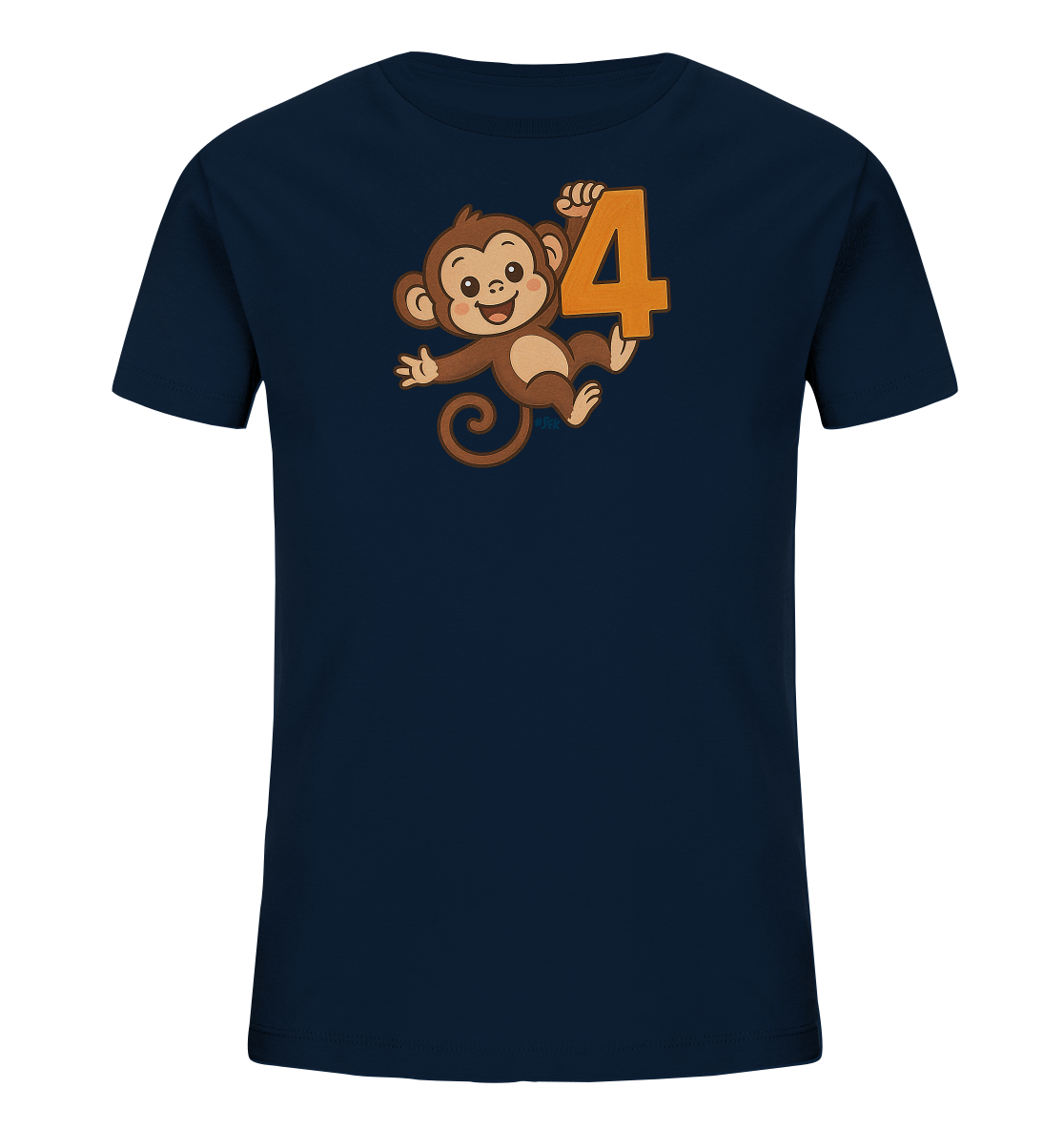 Onlineshop Shirts fuer Kinder - Das Bild zeigt ein dunkelblaues T-Shirt fuer Kinder. Auf der Vorderseite ist ein laechelnder Cartoon-Affe in Braun abgebildet. Der Affe haelt die grosse, orangefarbene Zahl '4' fest. Das Design ist froehlich und verspielt, ideal fuer junge Traeger.