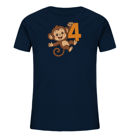 Onlineshop Shirts fuer Kinder - Das Bild zeigt ein dunkelblaues T-Shirt fuer Kinder. Auf der Vorderseite ist ein laechelnder Cartoon-Affe in Braun abgebildet. Der Affe haelt die grosse, orangefarbene Zahl '4' fest. Das Design ist froehlich und verspielt, ideal fuer junge Traeger.