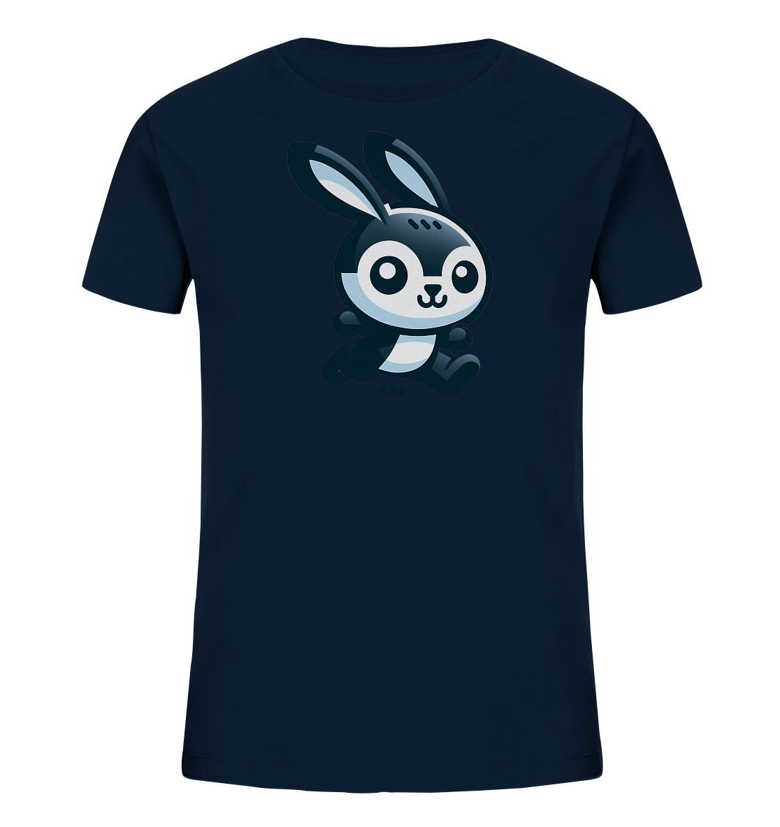 Onlineshop Shirts fuer Kinder - Das Bild zeigt ein dunkelblaues Kinder-T-Shirt mit einem niedlichen Cartoon-Hasen auf der Vorderseite. Der Hase ist schwarz-weiss dargestellt und scheint zu rennen. Die Illustration ist verspielt und passt gut zu einem Kinderdesign.