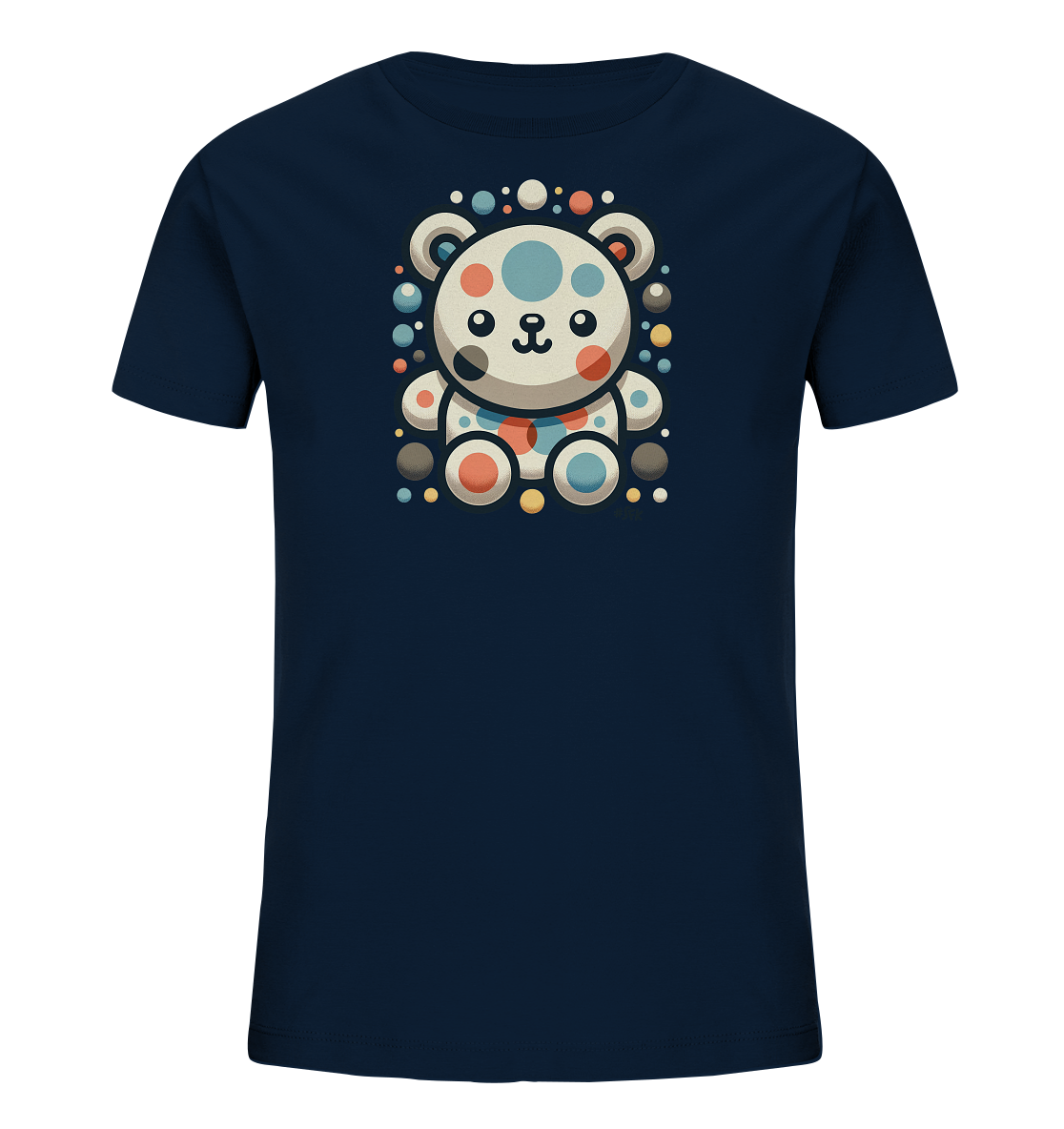 Onlineshop Shirts fuer Kinder - Das Bild zeigt ein dunkelblaues Kinder-T-Shirt mit einem grafischen Aufdruck auf der Vorderseite. Der Aufdruck stellt einen niedlichen Baeren dar, der aus verschiedenfarbigen Kreisen geformt ist. Der Baer ist von weiteren Kreisen umgeben, die dem Design ein verspieltes und modernes Aussehen verleihen. Die Farben des Aufdrucks sind unter anderem Weiss, Orange, Hellblau und Beige.