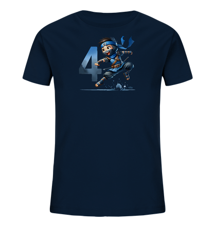 Kinder-T-Shirt mit springendem Ninja und Zahl 4