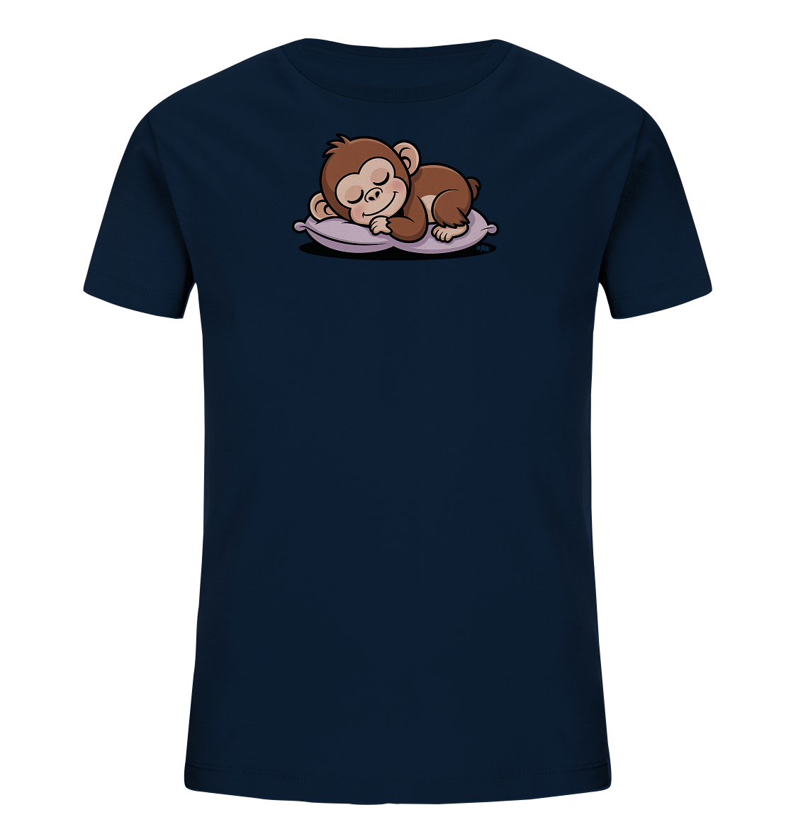 Onlineshop Shirts fuer Kinder - Das Bild zeigt ein dunkelblaues Kinder-T-Shirt. Auf der Vorderseite ist ein suesses, braunes Äffchen abgebildet, das friedlich auf einem violetten Kissen schlaeft. Das Äffchen hat die Augen geschlossen und ein leichtes Laecheln, was eine ruhige Szene darstellt. Das Design wirkt verspielt und liebevoll, passend fuer ein Kinderoberteil.