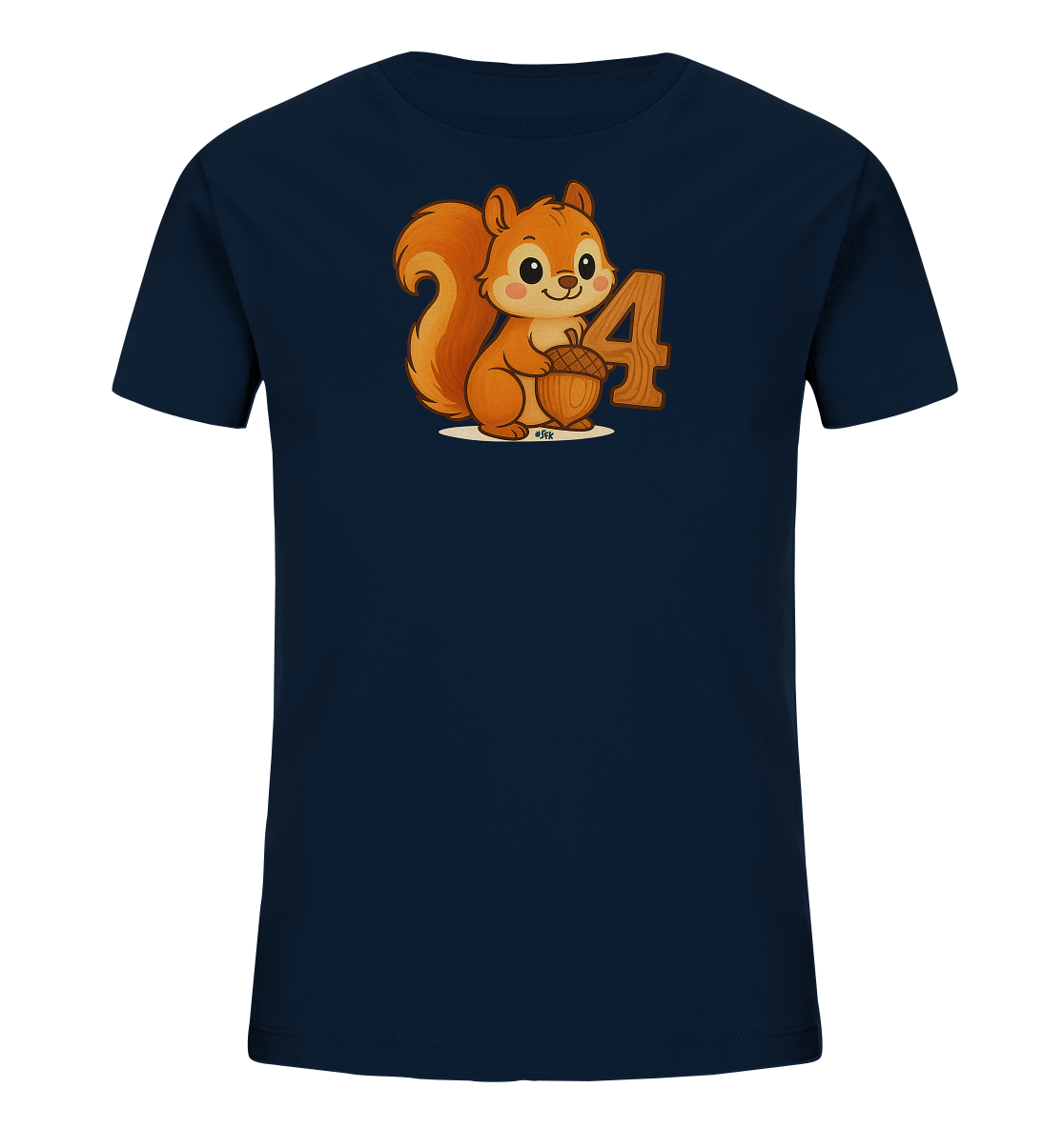 Onlineshop Shirts fuer Kinder - Das Bild zeigt ein dunkelblaues T-Shirt fuer Kinder. Auf der Vorderseite befindet sich eine Illustration eines laechelnden Eichhoernchens, das eine Eichel haelt. Neben dem Eichhoernchen ist die Zahl '4' in einem Holzdesign zu sehen. Das Motiv ist verspielt und farbenfroh gestaltet.
