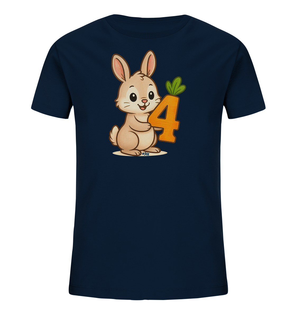 Onlineshop Shirts fuer Kinder - Das Bild zeigt ein dunkelblaues T-Shirt fuer Kinder. Auf der Vorderseite ist ein suesser, cartoonhafter Hase abgebildet. Der Hase haelt die Zahl 4, die gestaltet ist wie eine Karotte mit Blaettern. Das Design wirkt verspielt und froehlich, ideal fuer junge Kinder.