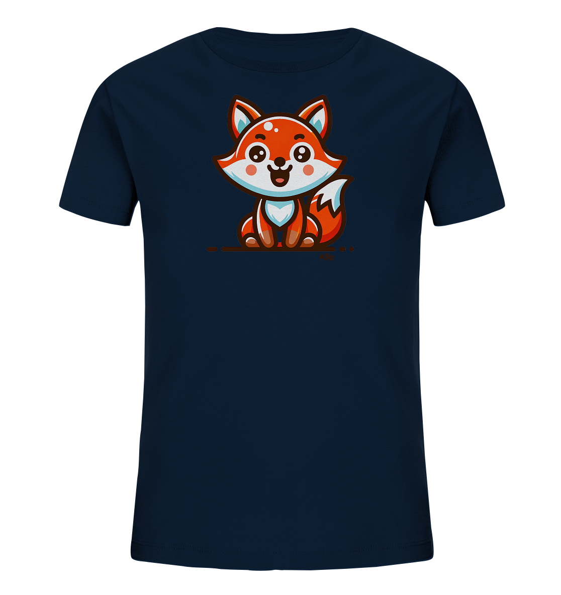 Onlineshop Shirts fuer Kinder - Das Bild zeigt ein dunkelblaues T-Shirt fuer Kinder. Auf der Vorderseite ist eine niedliche Comic-Illustration eines sitzenden Fuchses zu sehen. Der Fuchs ist orange und weiss mit grossen, freundlichen Augen. Dieses Design verleiht dem Shirt einen froehlichen Look, passend fuer Kinder.