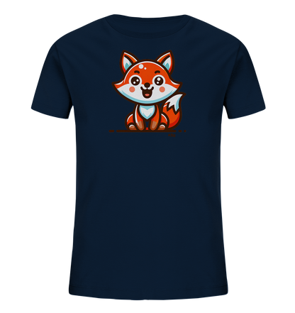 Onlineshop Shirts fuer Kinder - Das Bild zeigt ein dunkelblaues T-Shirt fuer Kinder. Auf der Vorderseite ist eine niedliche Comic-Illustration eines sitzenden Fuchses zu sehen. Der Fuchs ist orange und weiss mit grossen, freundlichen Augen. Dieses Design verleiht dem Shirt einen froehlichen Look, passend fuer Kinder.
