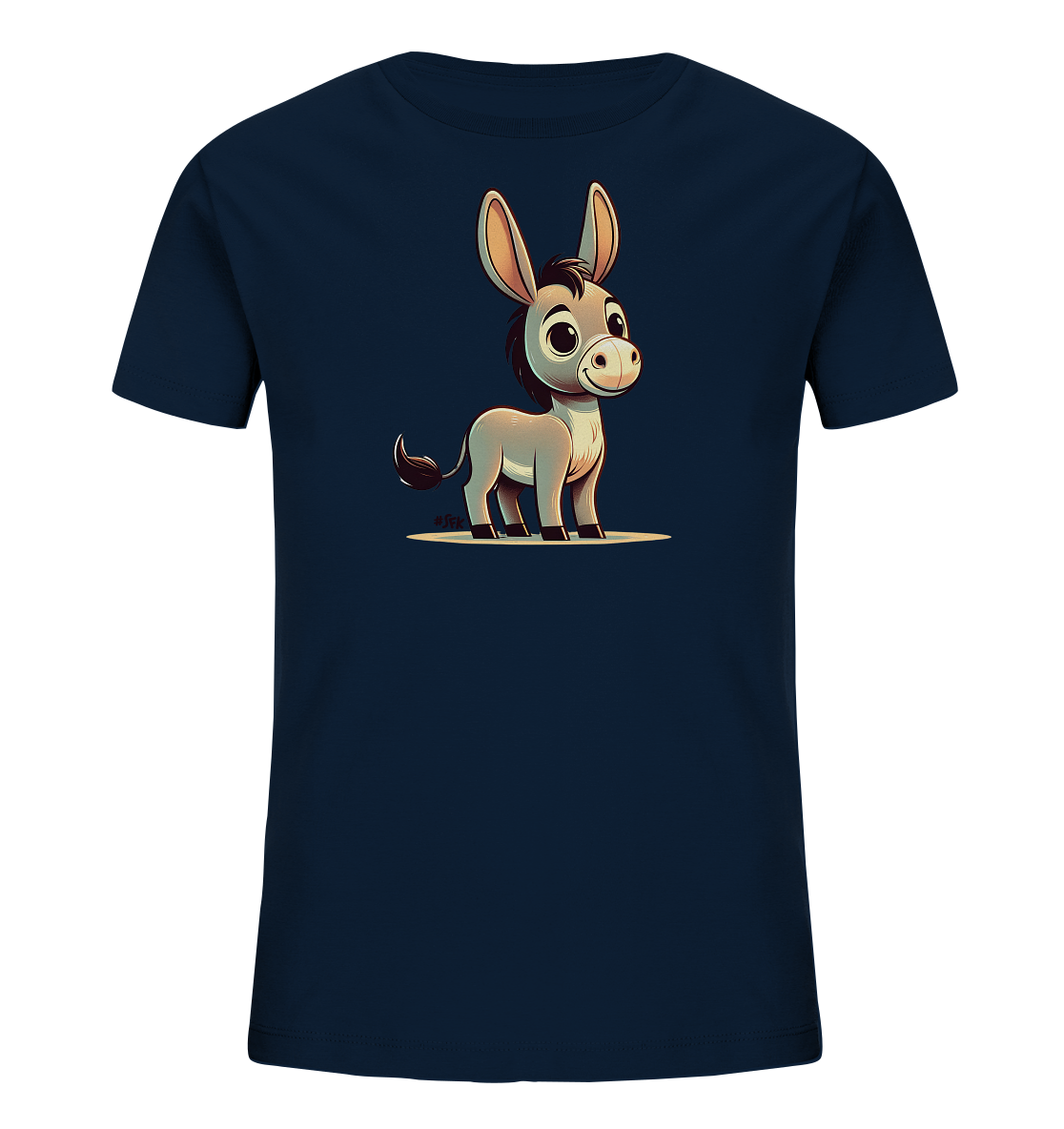 Onlineshop Shirts fuer Kinder - Das Bild zeigt ein dunkelblaues Kinder-T-Shirt mit einer liebevollen Illustration eines Esels auf der Vorderseite. Der Esel ist im Comic-Stil gezeichnet, hat grosse Augen und ein freundliches Laecheln. Er steht auf einer hellen, ovalen Flaeche. Dieses Design verleiht dem T-Shirt einen niedlichen und froehlichen Look.