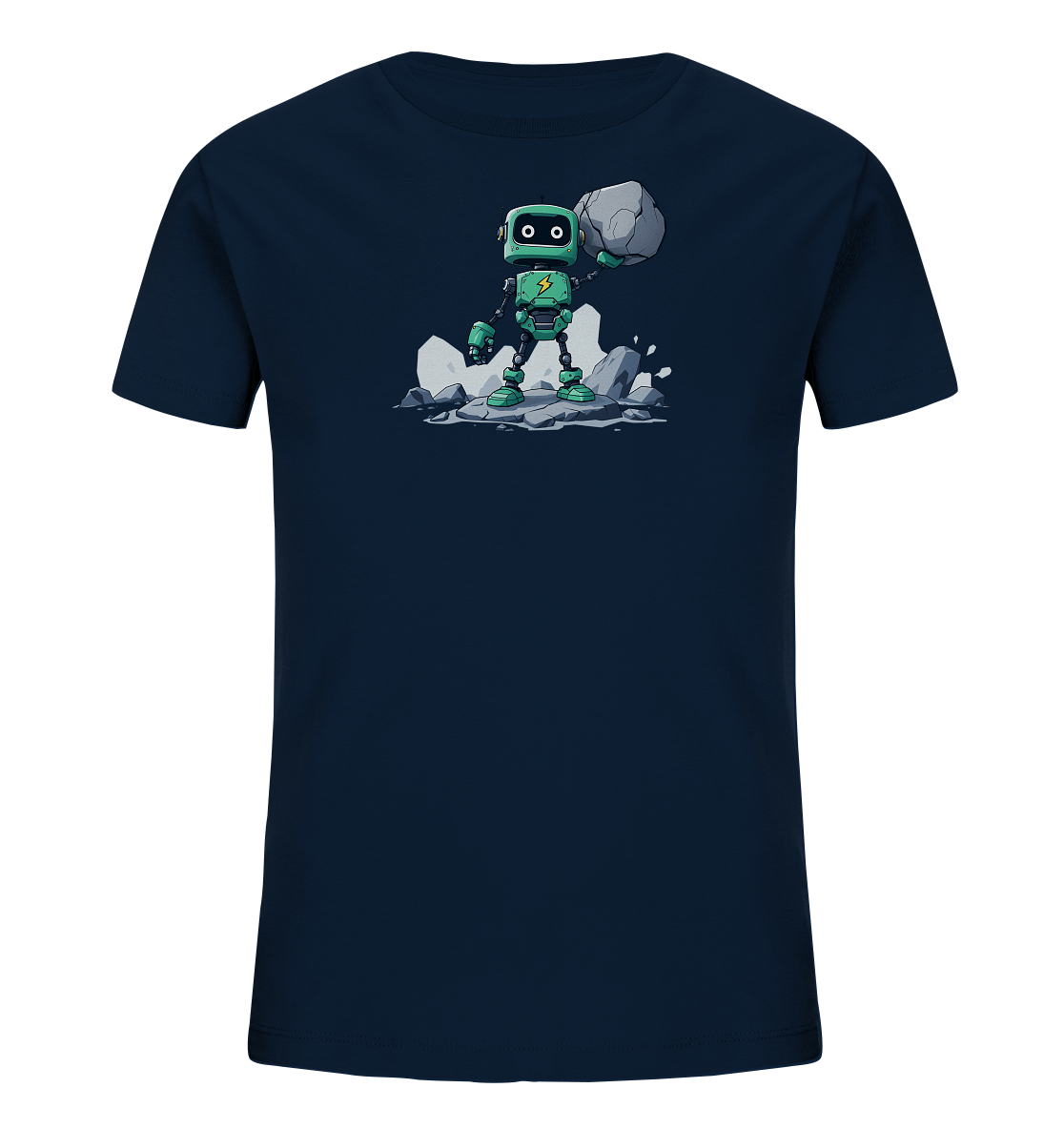Onlineshop Shirts für Kinder - Das Bild zeigt ein dunkelblaues Kinder-T-Shirt mit einem Aufdruck auf der Vorderseite. Der Aufdruck stellt einen robusten, türkisfarbenen Roboter dar, der auf einem Haufen grauer Felsen steht. Der Roboter hält mit einer Hand einen großen, ebenfalls grauen Stein über seinem Kopf. Auf der Brust des Roboters ist ein gelbes Blitzsymbol zu sehen, was auf Energie oder Stärke hindeutet. Die Szene wirkt dynamisch und vermittelt einen Eindruck von Kraft und Abenteuer.