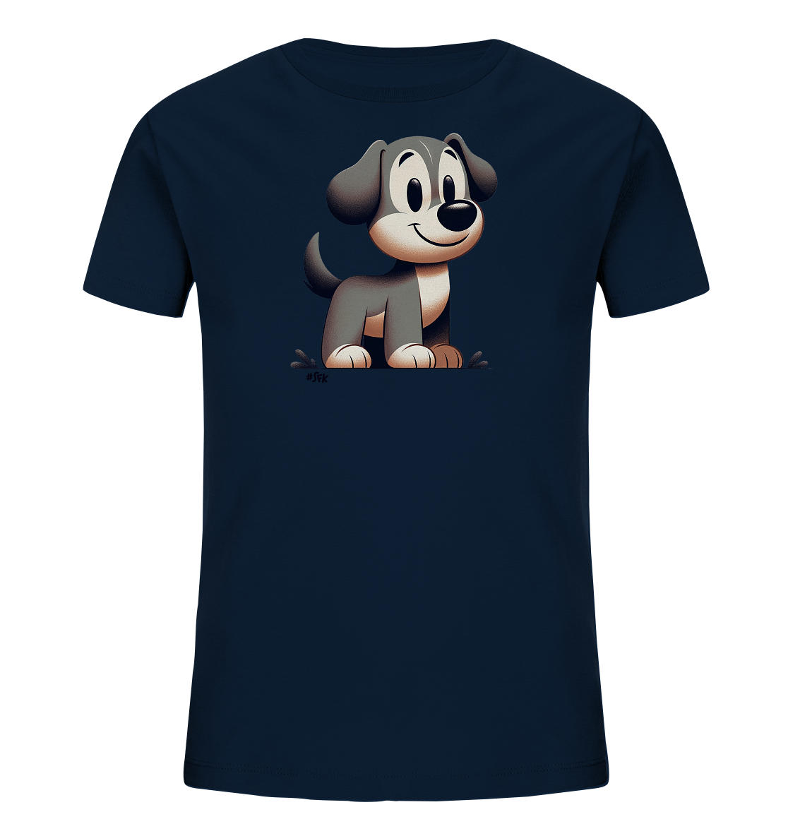 Onlineshop Shirts fuer Kinder - Das Bild zeigt ein dunkelblaues T-Shirt fuer Kinder mit einer freundlichen Comic-Illustration eines Hundes. Der Hund ist grau-weiss gezeichnet, sitzt und blickt den Betrachter mit einem Laecheln an. Die Darstellung ist detailreich und hat einen sanften Schattenwurf. Das Design wirkt kindgerecht und ansprechend.