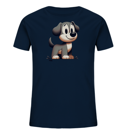 Onlineshop Shirts fuer Kinder - Das Bild zeigt ein dunkelblaues T-Shirt fuer Kinder mit einer freundlichen Comic-Illustration eines Hundes. Der Hund ist grau-weiss gezeichnet, sitzt und blickt den Betrachter mit einem Laecheln an. Die Darstellung ist detailreich und hat einen sanften Schattenwurf. Das Design wirkt kindgerecht und ansprechend.