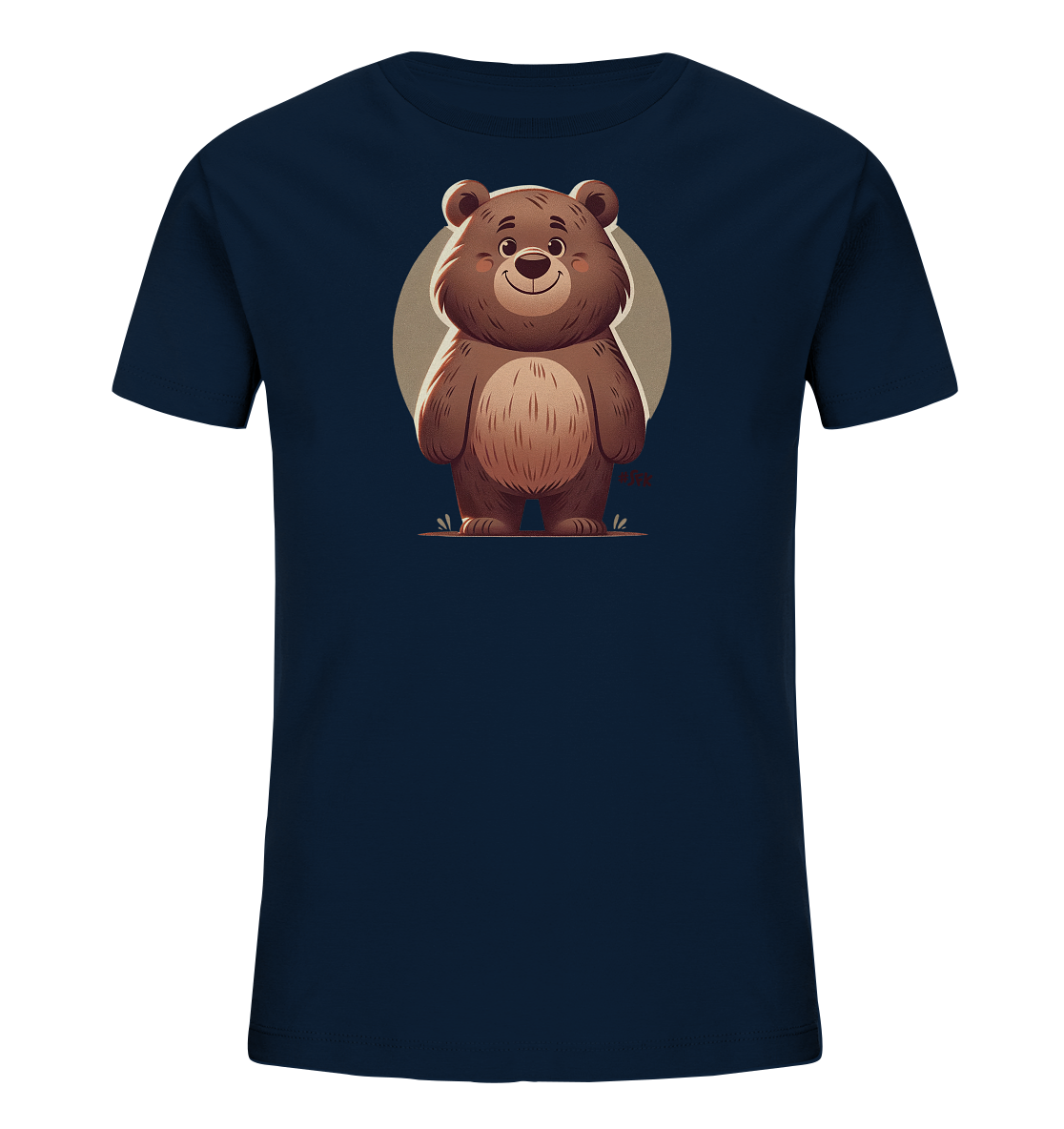 Onlineshop Shirts fuer Kinder - Das Bild zeigt ein dunkelblaues Kinder-T-Shirt mit einem grossen, freundlichen Comic-Baeren auf der Vorderseite. Der braune Baer steht aufrecht, hat ein breites Laecheln und grosse runde Ohren. Hinter dem Baeren befindet sich ein heller Kreis, der einen Hintergrund bildet. Dieses Design wirkt sehr niedlich und verspielt, ideal fuer junge Traeger.