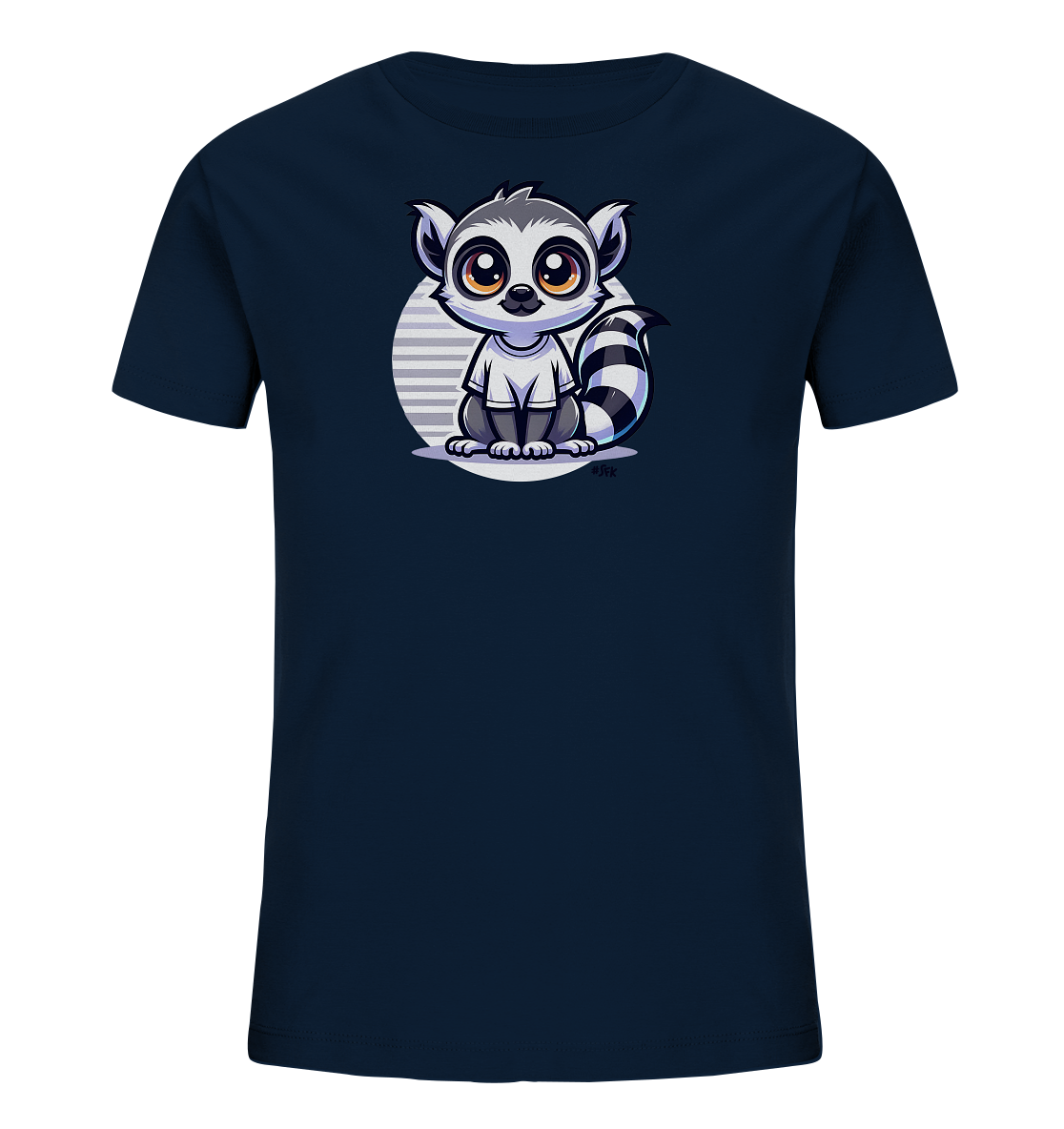 Onlineshop Shirts fuer Kinder - Dieses dunkelblaue T-Shirt fuer Kinder zeigt ein suesses Cartoon-Motiv eines Kattas (Ringelschwanzlemuren). Der Lemur sitzt mittig auf der Vorderseite, umgeben von einem gestreiften Kreis. Die Illustration ist farbenfroh und kindgerecht gestaltet. Es ist ein verspieltes Design fuer den Alltag.