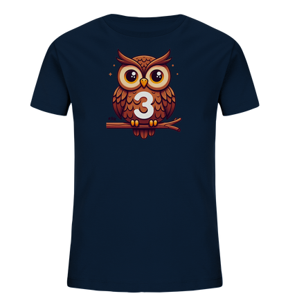 Kinder T-Shirt mit Cartoon-Eule auf Ast, großen Augen und Zahl 3