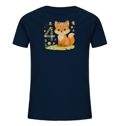 Onlineshop Shirts fuer Kinder - Das Bild zeigt ein dunkelblaues Kinder-T-Shirt mit einem farbenfrohen Druck auf der Vorderseite. Abgebildet ist ein niedlicher Cartoon-Fuchs mit Blumenkranz, der auf Gras sitzt. Neben dem Fuchs steht eine grosse Zahl "4", die aus Zweigen und Blaettern geformt ist. Kleine Details wie Blumen, eine Biene und ein Schmetterling ergaenzen das froehliche Naturmotiv.