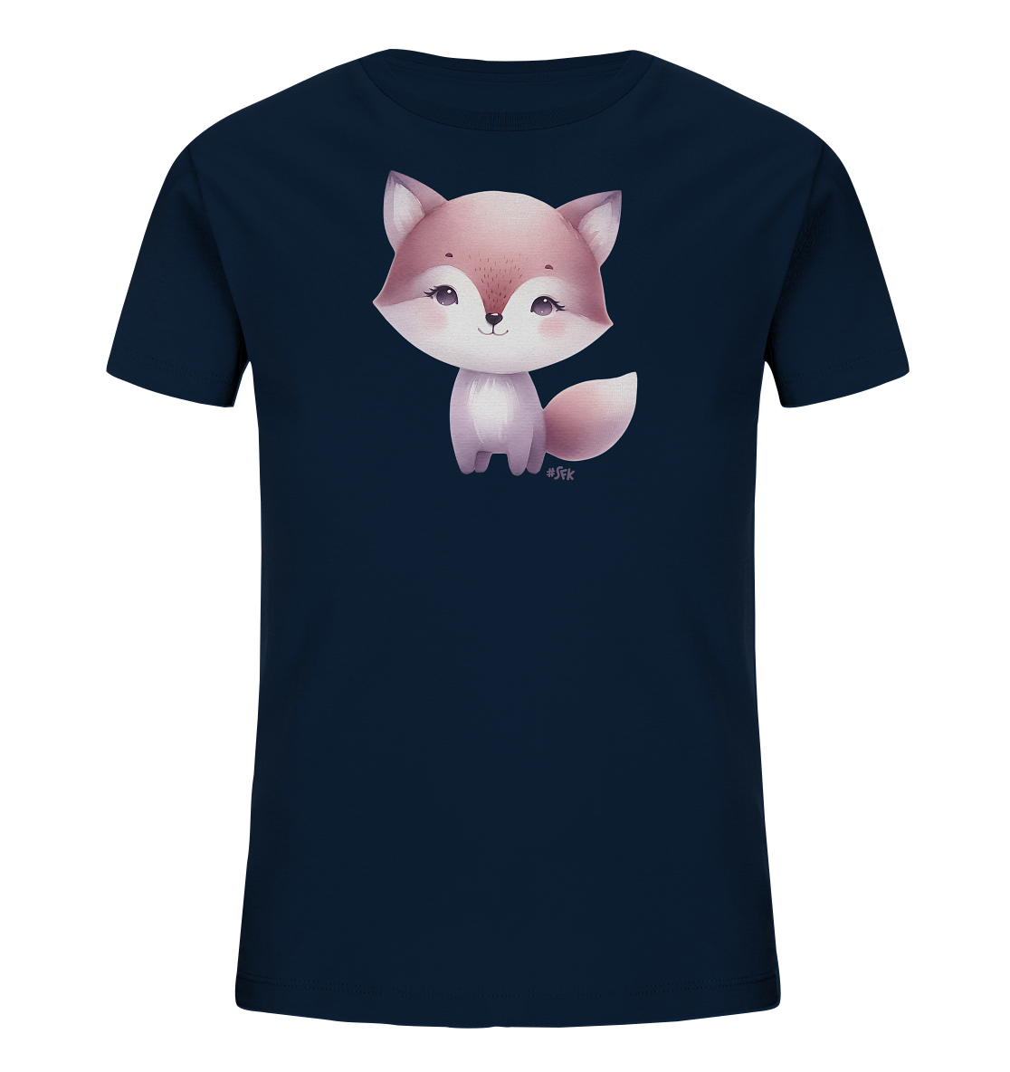 Onlineshop Shirts fuer Kinder - Dieses T-Shirt fuer Kinder ist in einem dunklen Blauton gehalten. Auf der Vorderseite befindet sich eine liebevolle Illustration eines sitzenden Fuchses. Der Fuchs ist in Pastelltoenen wie Rosa und Beige gestaltet und hat einen freundlichen Ausdruck. Dieses Design verleiht dem Shirt einen niedlichen und verspielten Look.