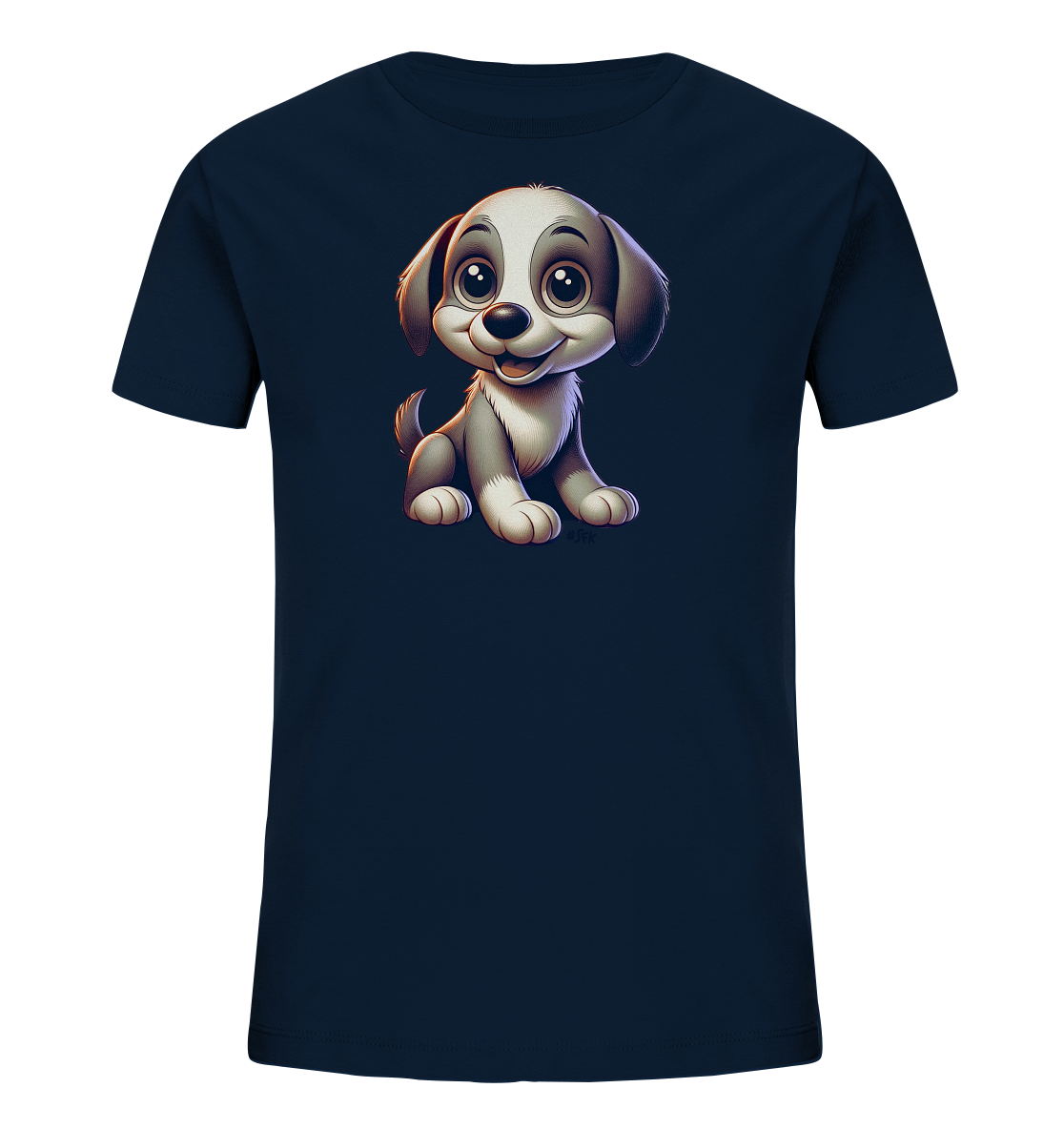 Onlineshop Shirts fuer Kinder - Dieses dunkelblaue T-Shirt praesentiert eine charmante Illustration eines jungen Hundes auf der Vorderseite. Der Cartoon-Welpe sitzt aufrecht mit grossen, ausdrucksstarken Augen und einem freundlichen Laecheln. Das Design ist in gedaempften Grautoenen gehalten, was einen schoenen Kontrast zum tiefen Blau des Stoffes bildet. Ein entzueckendes Motiv, das Kinder ansprechen wird.