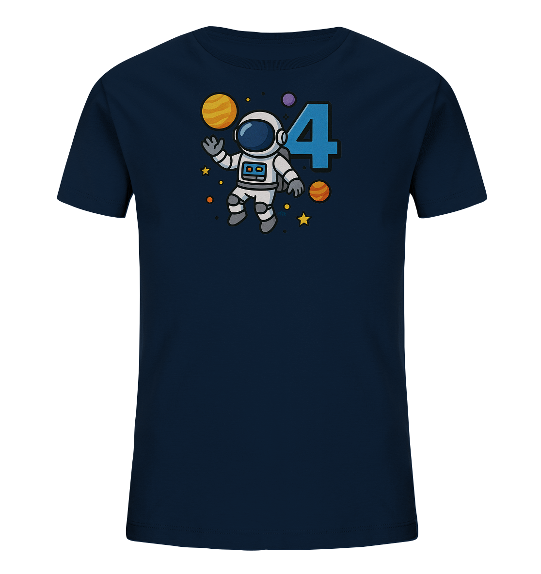 Onlineshop Shirts fuer Kinder - Das Bild zeigt ein dunkelblaues Kinder-T-Shirt mit einem farbenfrohen Weltraum-Design. Ein freundlicher Cartoon-Astronaut schwebt inmitten von Planeten und Sternen. Neben dem Astronauten ist die grosse blaue Zahl '4' abgebildet. Das Motiv ist verspielt und eignet sich ideal fuer kleine Weltraum-Fans.