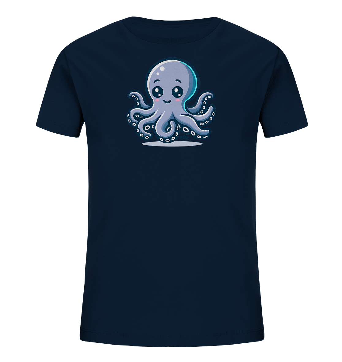 Onlineshop Shirts fuer Kinder - Das Bild zeigt ein dunkelblaues Kinder-T-Shirt mit einem bezaubernden Oktopus-Motiv. Der Oktopus ist in einem freundlichen Cartoon-Stil gestaltet, hat grosse Augen, rosa Wangen und sitzt auf einer hellen Flaeche. Seine acht Tentakel sind sichtbar, und ein leichter Glanz umgibt seinen Kopf. Das Design verleiht dem Shirt einen verspielten und froehlichen Meeres-Look.