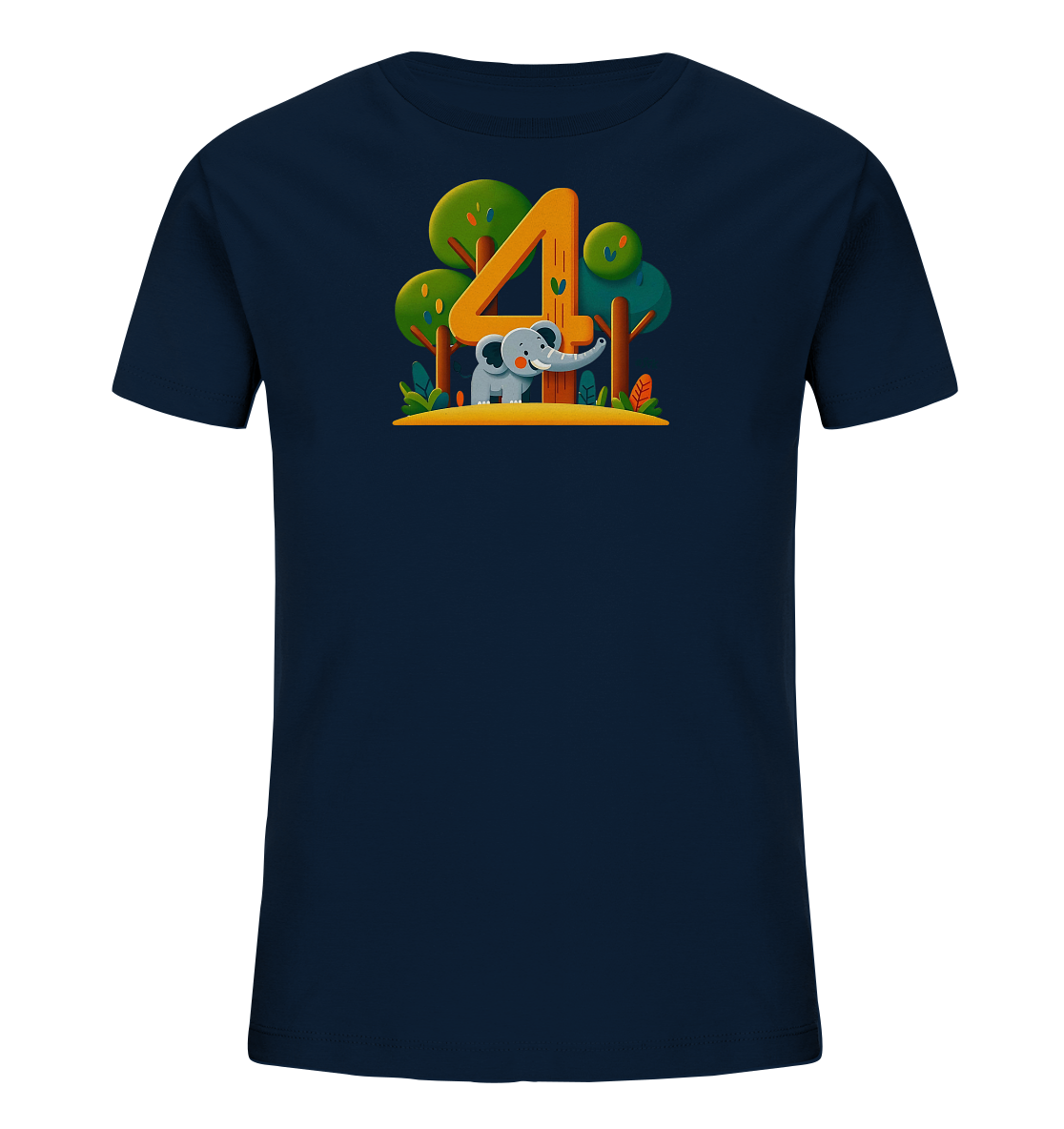 Onlineshop Shirts fuer Kinder - Das Bild zeigt ein dunkelblaues Kinder-T-Shirt mit einem grossen orangefarbenen '4' auf der Vorderseite. Daneben steht ein suesser grauer Cartoon-Elefant. Die Grafik ist von Baeumen und Pflanzen umgeben und hat einen verspielten Stil.