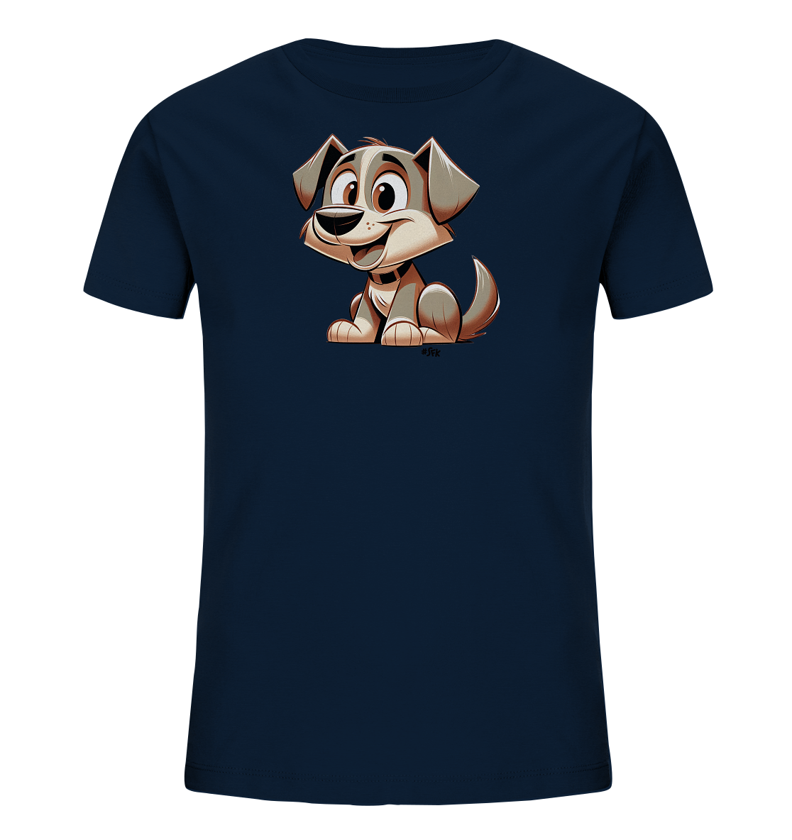 Onlineshop Shirts fuer Kinder - Das Bild zeigt ein dunkelblaues Kinder-T-Shirt. Darauf ist eine niedliche Cartoon-Illustration eines sitzenden Hundes zu sehen. Der Hund hat grosse Augen und ein freundliches Laecheln, was ihm einen verspielten Ausdruck verleiht. Die Grafik ist im oberen Bereich des Shirts platziert.