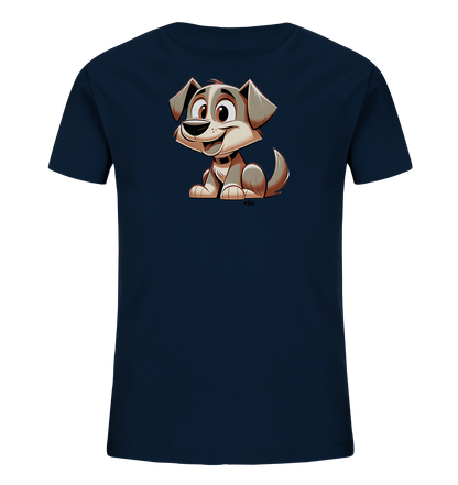 Onlineshop Shirts fuer Kinder - Das Bild zeigt ein dunkelblaues Kinder-T-Shirt. Darauf ist eine niedliche Cartoon-Illustration eines sitzenden Hundes zu sehen. Der Hund hat grosse Augen und ein freundliches Laecheln, was ihm einen verspielten Ausdruck verleiht. Die Grafik ist im oberen Bereich des Shirts platziert.