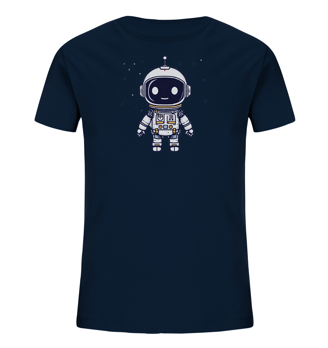 Onlineshop Shirts für Kinder - Das Bild zeigt ein dunkelblaues T-Shirt für Kinder, auf dem ein freundlicher Cartoon-Astronaut abgebildet ist. Der Astronaut trägt einen weißen Raumanzug mit gelben und grauen Details und hat ein großes, lächelndes Gesicht in seinem Helm. Um den Astronauten herum sind kleine weiße Sterne und Punkte dargestellt, die eine Szene im Weltraum andeuten. Das Design ist mittig auf der Vorderseite des Shirts platziert und hat einen niedlichen, kindgerechten Stil.