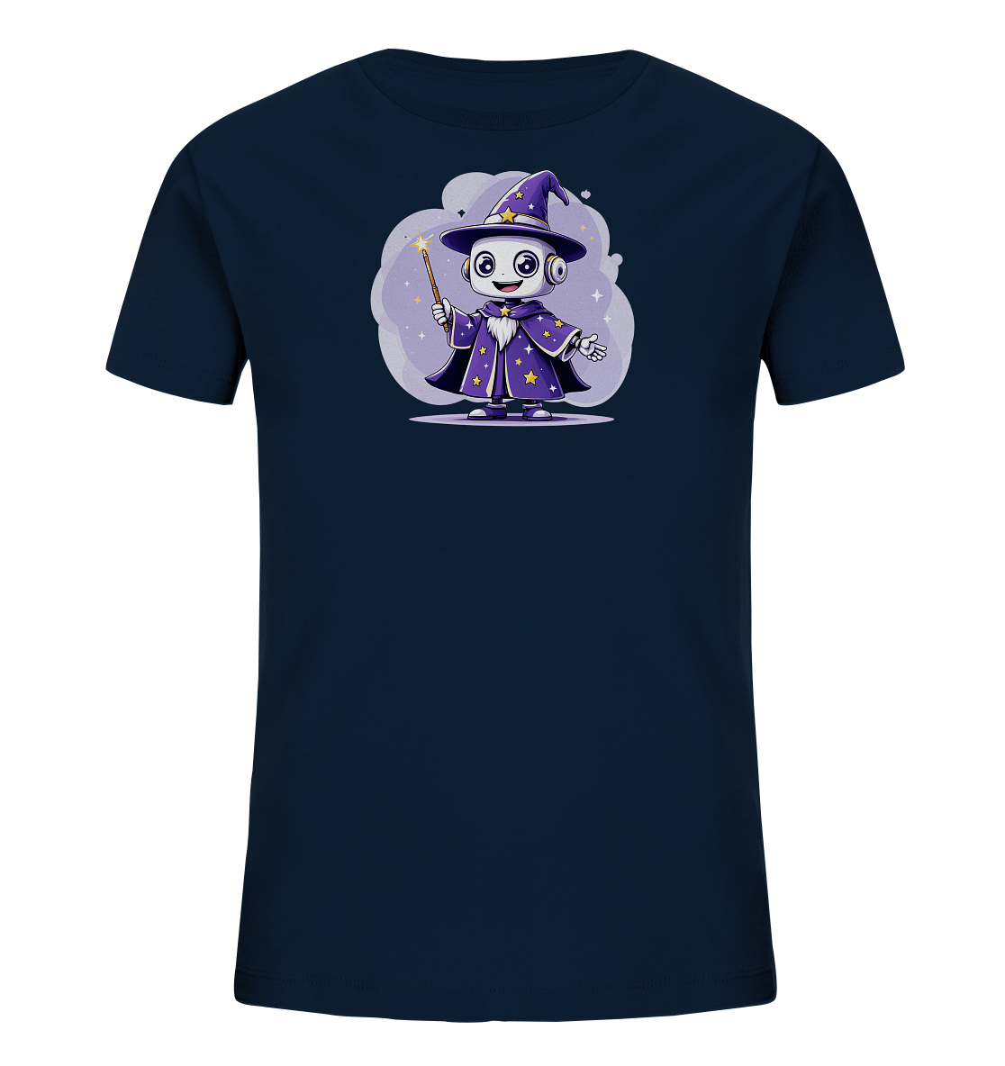 Onlineshop Shirts für Kinder - Dieses T-Shirt ist in einem dunklen Blauton gehalten. Auf der Vorderseite befindet sich eine farbige Illustration eines Roboters, der als Zauberer verkleidet ist. Der Roboter trägt einen spitzen Hut und einen Umhang in Lila, die mit gelben Sternen verziert sind. In einer Hand hält der Charakter einen Zauberstab, von dem ein Lichteffekt ausgeht. Das Motiv ist vor einem Hintergrund aus pastellfarbenen Wolken und funkelnden Sternen platziert.