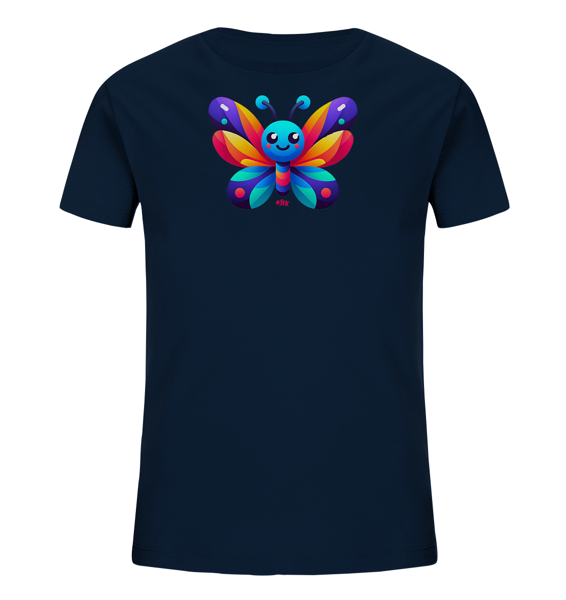 Onlineshop Shirts fuer Kinder - Das Bild zeigt ein dunkelblaues Kinder-T-Shirt mit einem auffaelligen Schmetterlingsmotiv auf der Vorderseite. Der stilisierte Schmetterling hat bunte Fluegel in leuchtenden Farben wie Lila, Orange und Tuerkis und ein froehliches Gesicht. Dieses farbenfrohe Design verleiht dem Shirt eine spielerische und lebendige Ausstrahlung, ideal fuer Kinder.