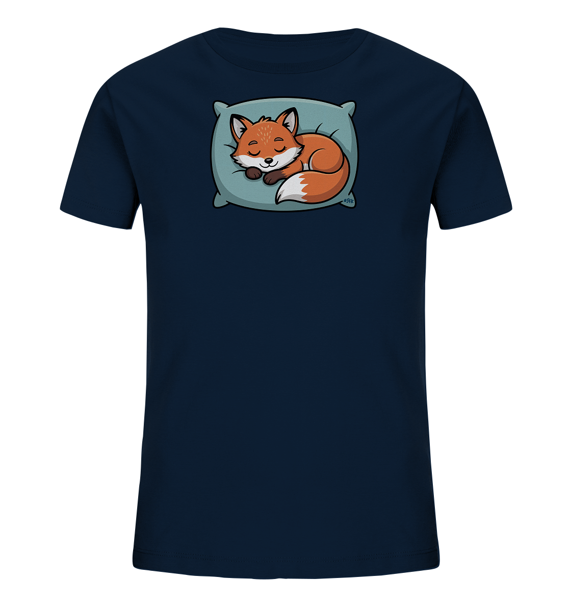 Onlineshop Shirts fuer Kinder - Das Bild zeigt ein dunkelblaues Kinder-T-Shirt. Auf der Vorderseite befindet sich eine charmante Illustration eines schlafenden Fuchses, der gemuetlich auf einem hellblauen Kissen liegt. Der Fuchs ist orangefarben mit weissen Akzenten und hat geschlossene Augen, was eine ruhige Szene darstellt. Das gesamte Motiv wirkt liebevoll und kindgerecht.