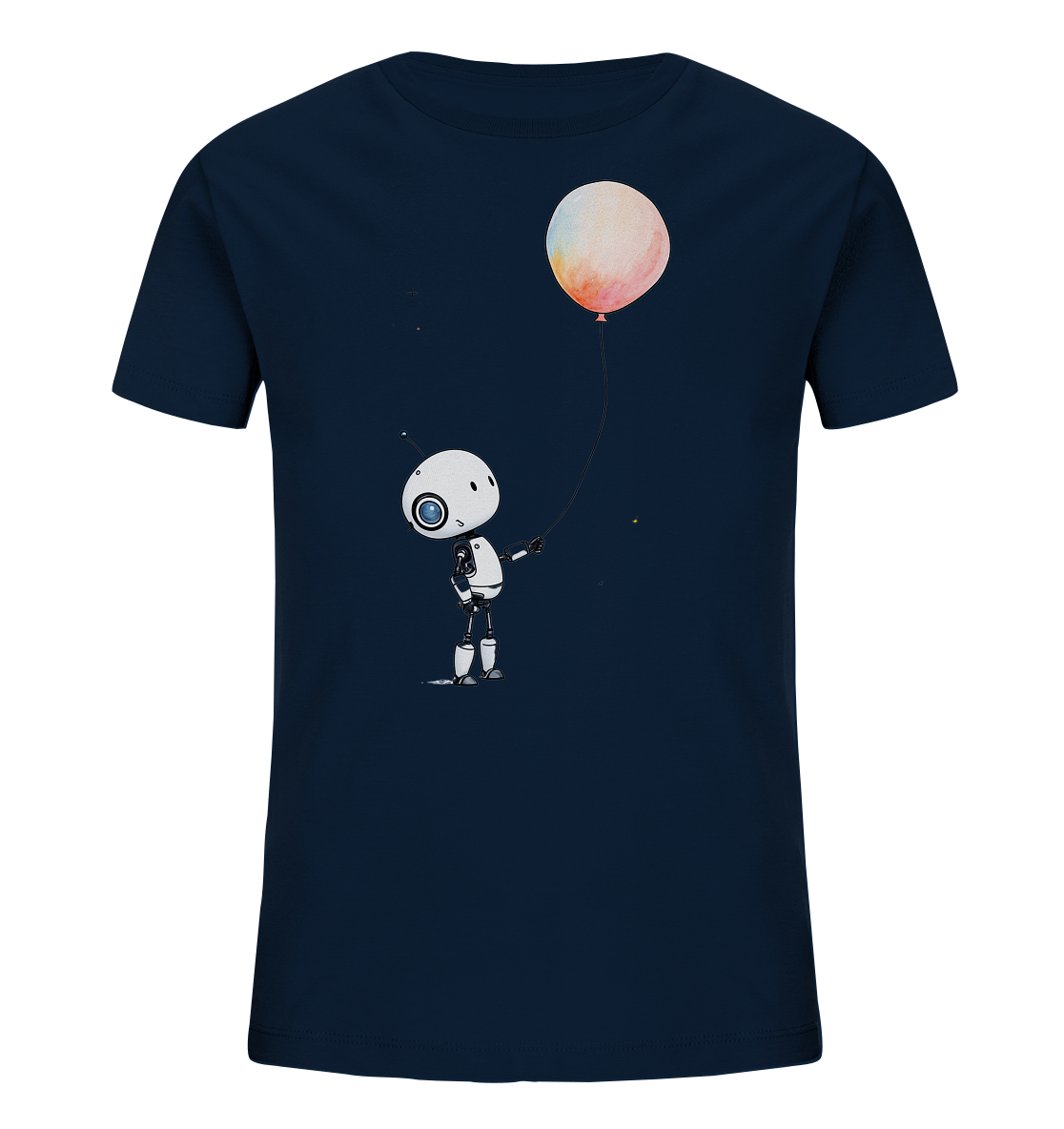 Onlineshop Shirts für Kinder - Dieses Bild zeigt ein dunkelblaues Kinder-T-Shirt. Auf der Vorderseite ist eine Illustration eines kleinen, weißen Roboters zu sehen, der einen bunten Ballon an einer Schnur hält. Der Roboter hat ein großes blaues Auge und einen schlichten Körper. Der Ballon ist rund und zeigt sanfte Farbverläufe in warmen Tönen wie Rosa, Orange und Gelb. Kleine Punkte sind im Hintergrund um das Motiv herum verteilt, was dem Design eine verspielte und ruhige Atmosphäre verleiht.