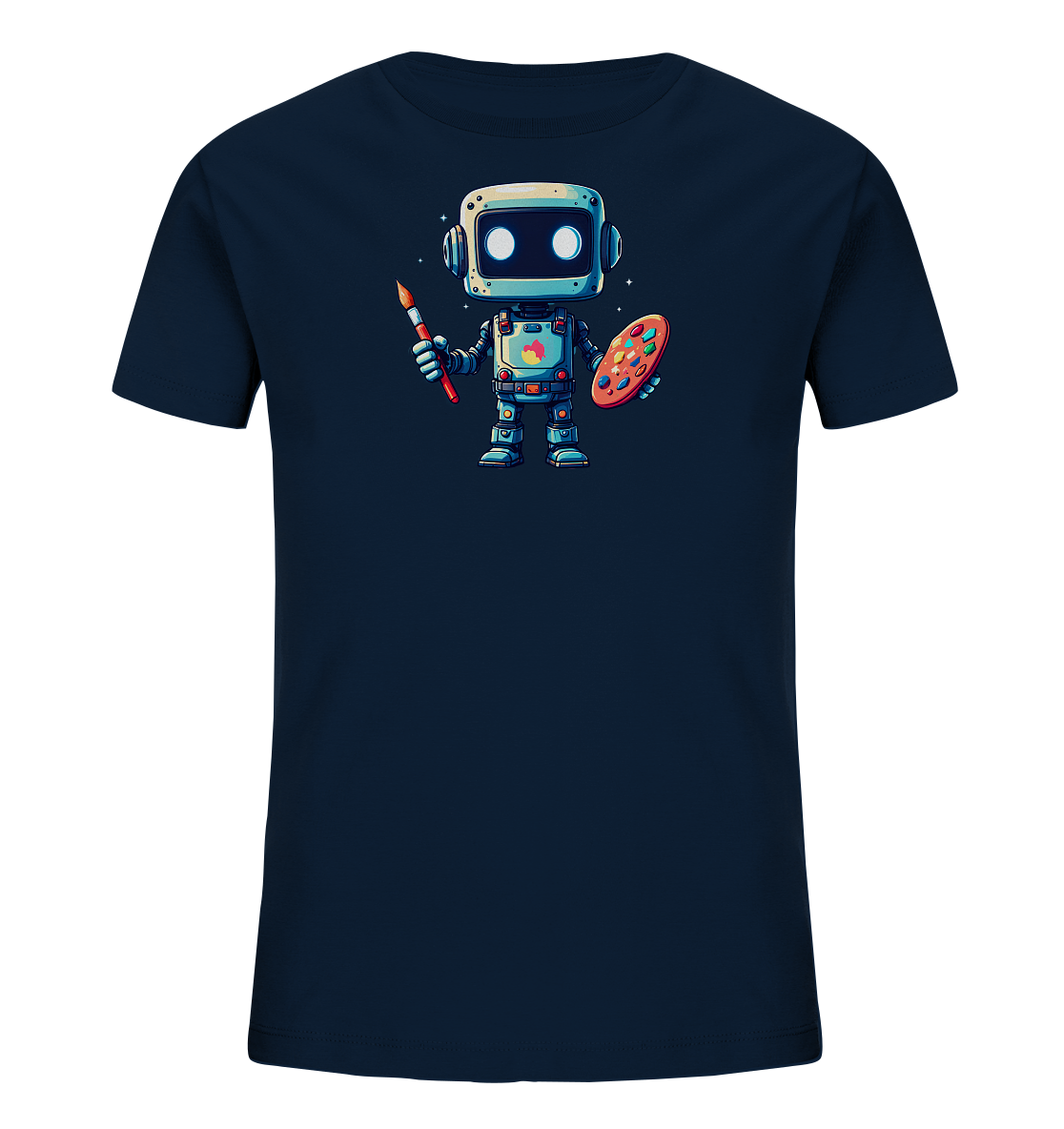 Onlineshop Shirts für Kinder - Das Bild zeigt ein dunkelblaues T-Shirt, das flach ausgebreitet ist. Auf der Vorderseite befindet sich eine detaillierte Illustration eines freundlich wirkenden Cartoon-Roboters. Der Roboter hält in einer Hand einen roten Pinsel und in der anderen eine ovale Farbpalette mit verschiedenen Farbtupfern. Das Design des Roboters ist farbenfroh und technisch dargestellt, mit leuchtenden Augen und verschiedenen Details am Körper.