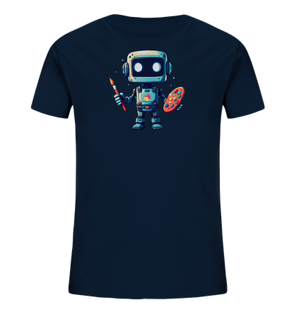Onlineshop Shirts für Kinder - Das Bild zeigt ein dunkelblaues T-Shirt, das flach ausgebreitet ist. Auf der Vorderseite befindet sich eine detaillierte Illustration eines freundlich wirkenden Cartoon-Roboters. Der Roboter hält in einer Hand einen roten Pinsel und in der anderen eine ovale Farbpalette mit verschiedenen Farbtupfern. Das Design des Roboters ist farbenfroh und technisch dargestellt, mit leuchtenden Augen und verschiedenen Details am Körper.
