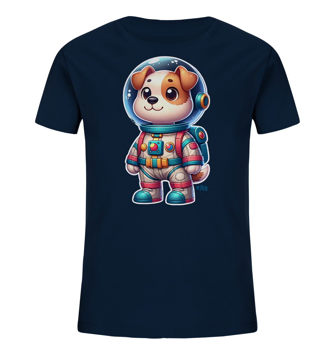 Onlineshop Shirts fuer Kinder - Das Bild zeigt ein dunkelblaues T-Shirt fuer Kinder mit einem niedlichen Comic-Motiv. Ein kleiner Hund im detailreichen Astronautenanzug ist auf der Vorderseite abgebildet. Der Anzug ist in verschiedenen Farben wie Weiss, Rot, Blau und Gelb gestaltet und umfasst einen Helm und einen Rucksack. Das Design ist verspielt und fantasievoll.