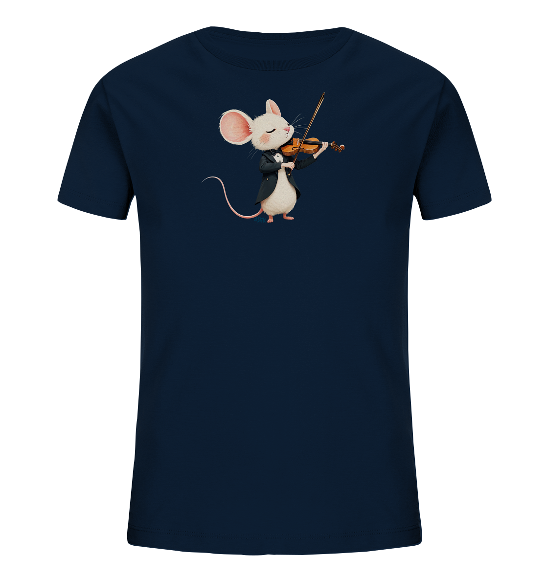 Onlineshop Shirts fuer Kinder - Das Bild zeigt ein dunkelblaues Kinder-T-Shirt mit einer niedlichen, detailreichen Illustration. Im Zentrum des Designs ist eine weisse Maus in einem schwarzen Anzug zu sehen, die eine Geige spielt. Die Maus hat grosse rosafarbene Ohren und geschlossene Augen, was eine konzentrierte und vertraeumte Haltung vermittelt. Dieses Motiv verleiht dem T-Shirt einen charmanten und kuenstlerischen Ausdruck.