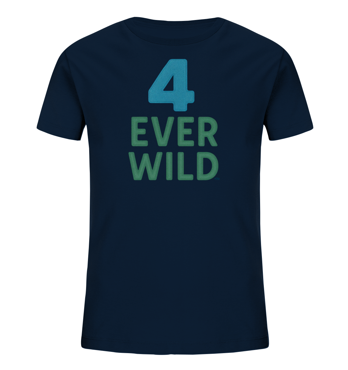 Onlineshop Shirts fuer Kinder - Das Bild zeigt ein dunkelblaues Kinder T-Shirt. Darauf ist in Hellblau die Zahl '4' abgebildet. Darunter stehen die Woerter 'EVER WILD' in Gruen. Das Design ist einfach und gut lesbar.
