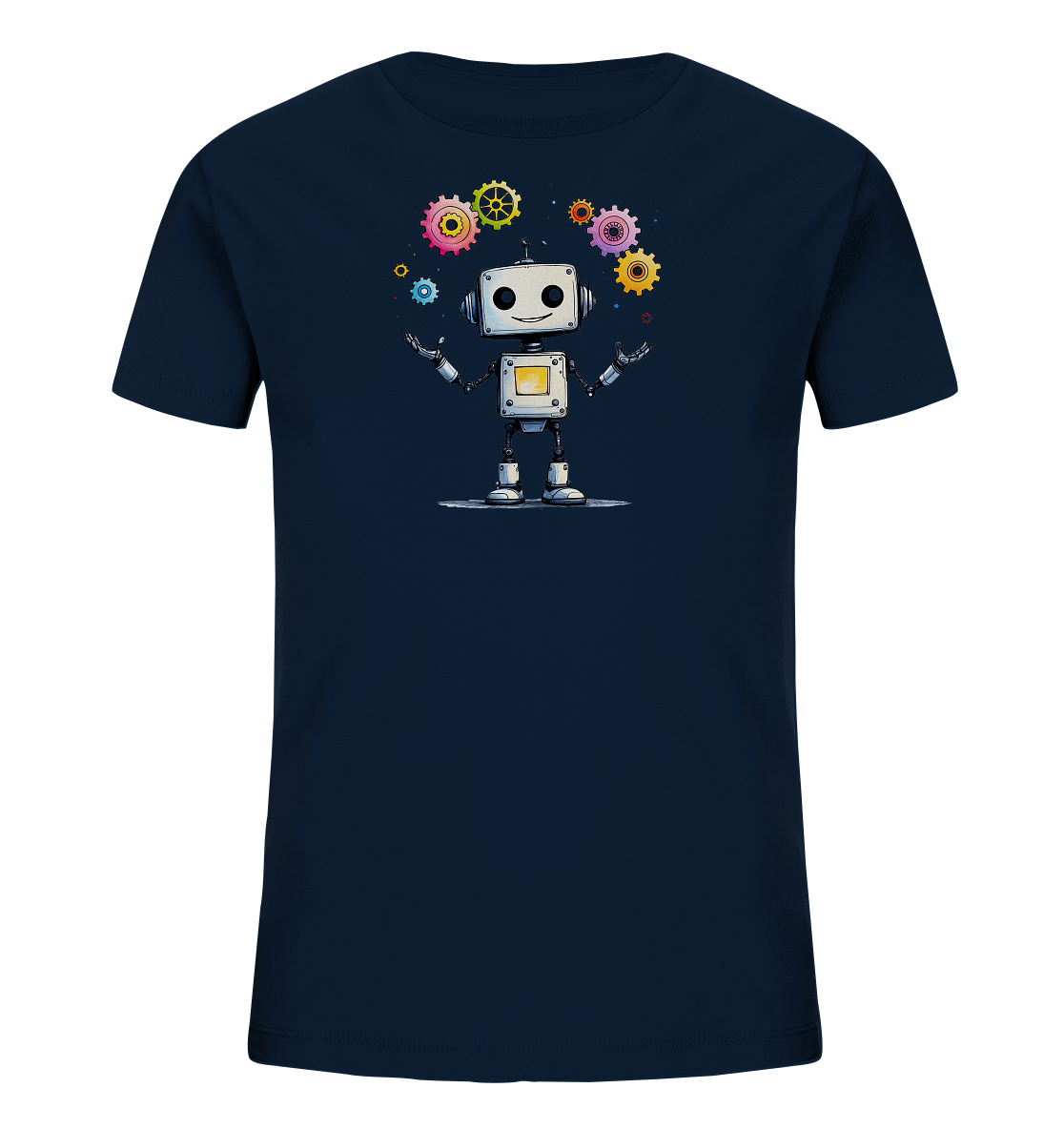 Onlineshop Shirts für Kinder - Das Bild zeigt ein dunkelblaues T-Shirt für Kinder mit einem charmanten Roboter-Motiv auf der Vorderseite. Der weiße Cartoon-Roboter hat ein freundliches Gesicht mit großen Augen und einem Lächeln. Er steht mit ausgestreckten Armen da, während bunte Zahnräder in verschiedenen Größen und Farben um ihn herum schweben. Das Design ist verspielt und technisch inspiriert, perfekt für kleine Entdecker und Robotik-Fans.