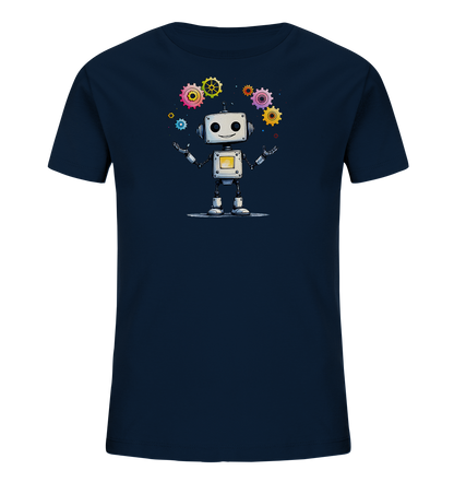 Onlineshop Shirts für Kinder - Das Bild zeigt ein dunkelblaues T-Shirt für Kinder mit einem charmanten Roboter-Motiv auf der Vorderseite. Der weiße Cartoon-Roboter hat ein freundliches Gesicht mit großen Augen und einem Lächeln. Er steht mit ausgestreckten Armen da, während bunte Zahnräder in verschiedenen Größen und Farben um ihn herum schweben. Das Design ist verspielt und technisch inspiriert, perfekt für kleine Entdecker und Robotik-Fans.