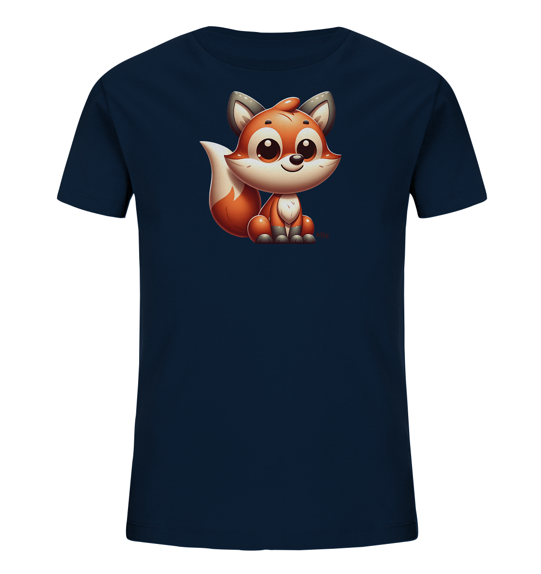 Onlineshop Shirts fuer Kinder - Das Bild zeigt ein dunkelblaues Kinder T-Shirt. Auf der Vorderseite ist eine niedliche, cartoonhafte Darstellung eines sitzenden Fuchses zu sehen. Der Fuchs hat ein freundliches Laecheln, grosse Augen und orangefarbenes Fell mit weissem Brustbereich. Das Design wirkt verspielt und ansprechend fuer Kinder.