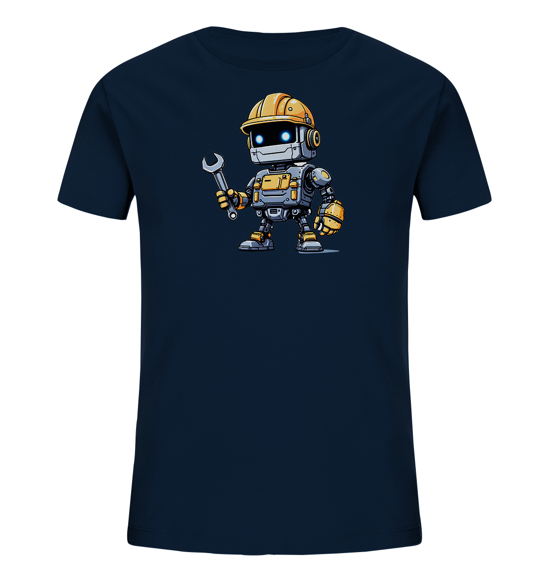 Onlineshop Shirts für Kinder - Das Bild zeigt ein dunkelblaues (Navy) Kinder-T-Shirt auf einem schwarzen Hintergrund. Auf der Vorderseite des Shirts ist eine detaillierte Illustration eines kleinen Roboters zu sehen. Der Roboter trägt einen gelben Bauhelm, hat leuchtend blaue Augen und hält einen Schraubenschlüssel in seiner rechten Hand. Das Design des Roboters ist in Grau-, Gelb- und Blautönen gehalten und verleiht dem Shirt einen freundlichen und technischen Charakter.