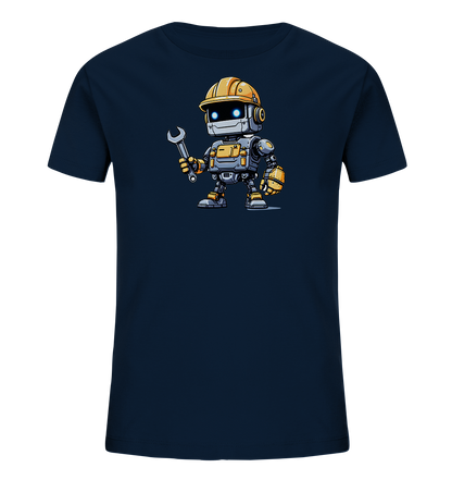 Onlineshop Shirts für Kinder - Das Bild zeigt ein dunkelblaues (Navy) Kinder-T-Shirt auf einem schwarzen Hintergrund. Auf der Vorderseite des Shirts ist eine detaillierte Illustration eines kleinen Roboters zu sehen. Der Roboter trägt einen gelben Bauhelm, hat leuchtend blaue Augen und hält einen Schraubenschlüssel in seiner rechten Hand. Das Design des Roboters ist in Grau-, Gelb- und Blautönen gehalten und verleiht dem Shirt einen freundlichen und technischen Charakter.
