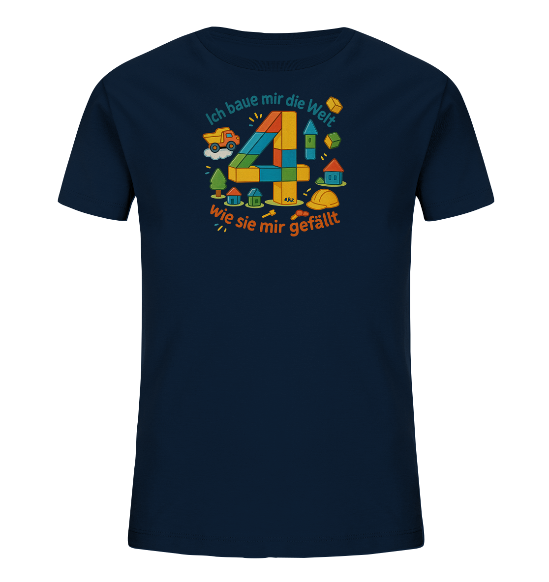 Onlineshop Shirts fuer Kinder - Dieses dunkelblaue Kinder-T-Shirt zeigt eine farbenfrohe Grafik auf der Vorderseite. Im Zentrum steht eine grosse Zahl Vier, gestaltet aus Bausteinen in leuchtenden Farben wie Rot, Gelb, Gruen und Blau. Um die Zahl herum sind niedliche Illustrationen einer kleinen Bauwelt mit Haeusern, Baeumen, einem Laster und Bauelementen arrangiert. Das Design wirkt spielerisch und thematisiert das Bauen.