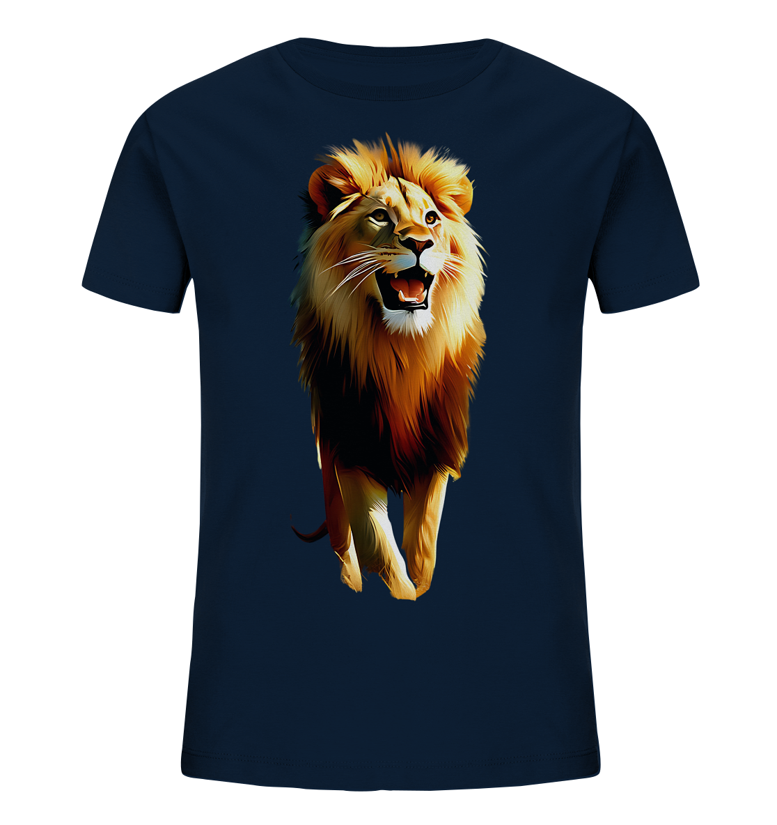 Onlineshop Shirts fuer Kinder - Das Bild zeigt ein dunkelblaues T-Shirt mit einem grossen Loewenmotiv auf der Vorderseite. Der Loewe ist im Gehen dargestellt, mit geoeffnetem Maul und wehender Maehne. Das Design ist farbintensiv und realistisch gestaltet, was ihm eine kraftvolle Ausstrahlung verleiht. Es ist ein auffaelliges Oberteil fuer Kinder.