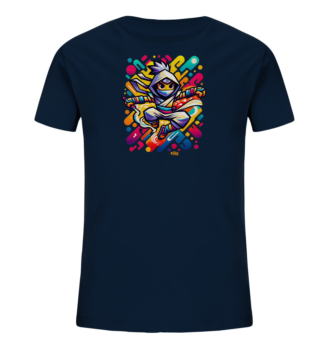 Onlineshop Shirts fuer Kinder - Dieses dunkelblaue Kinder T-Shirt zeigt ein detailreiches, farbenfrohes Motiv auf der Vorderseite. Die Grafik zeigt eine dynamische, cartoonhafte Figur mit Kapuze und Maske, umgeben von einem abstrakten Muster aus leuchtenden Farben und Formen. Das Design ist modern und spricht junge Abenteuerfans an.
