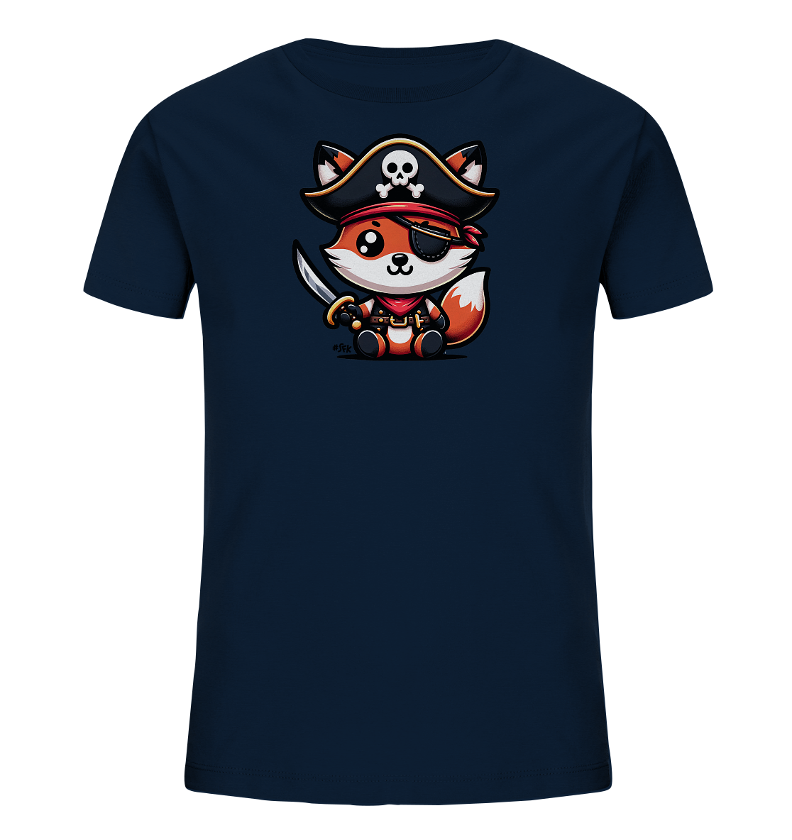 Onlineshop Shirts fuer Kinder - Das Bild zeigt ein dunkelblaues Kinder T-Shirt mit einer suessen Cartoon-Grafik. Abgebildet ist ein kleiner Fuchs in Piratenkleidung, sitzend und einen Saebel haltend. Er traegt einen Piratenhut mit Totenkopfmotiv und eine Augenklappe. Dieses Design ist verspielt und thematisch passend fuer kleine Abenteurer.